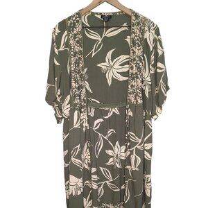 Angie Floral Green Tie Front Short Sleeve Kimono Cardigan Cover Up Tropical 1X